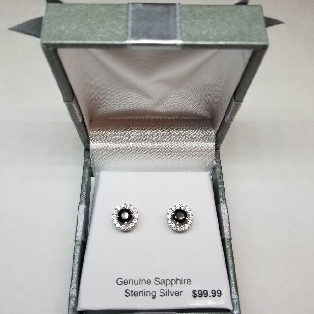 Sterling Silver Round Black Sapphire halo earrings